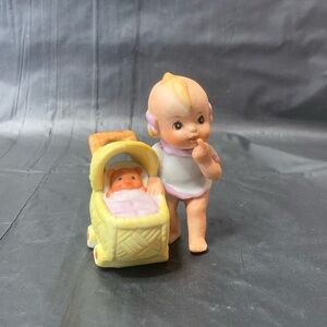 Baby Girl with Pig in Stroller Yellow Pink Vintage Porcelain Collectible